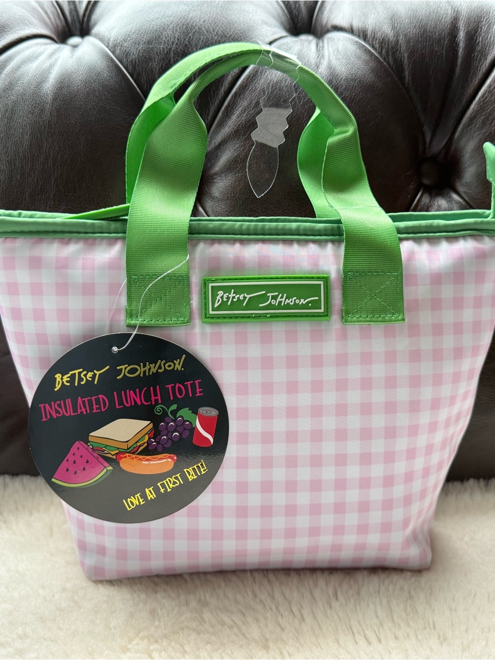 Betsey Johnson NWT Pink Gingham Insulated Lunch Tote with Green Handles